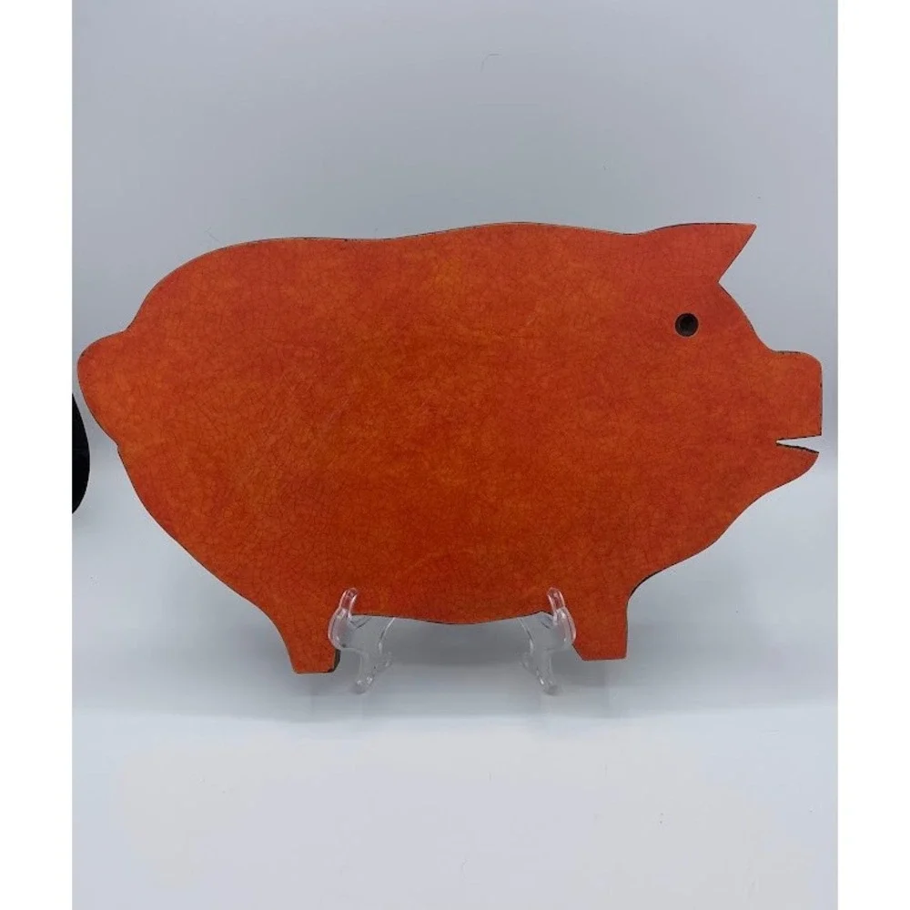 Vintage Pig Shaped Wood Wall Decor Orange Crackle Finish Farmhouse Kitchen